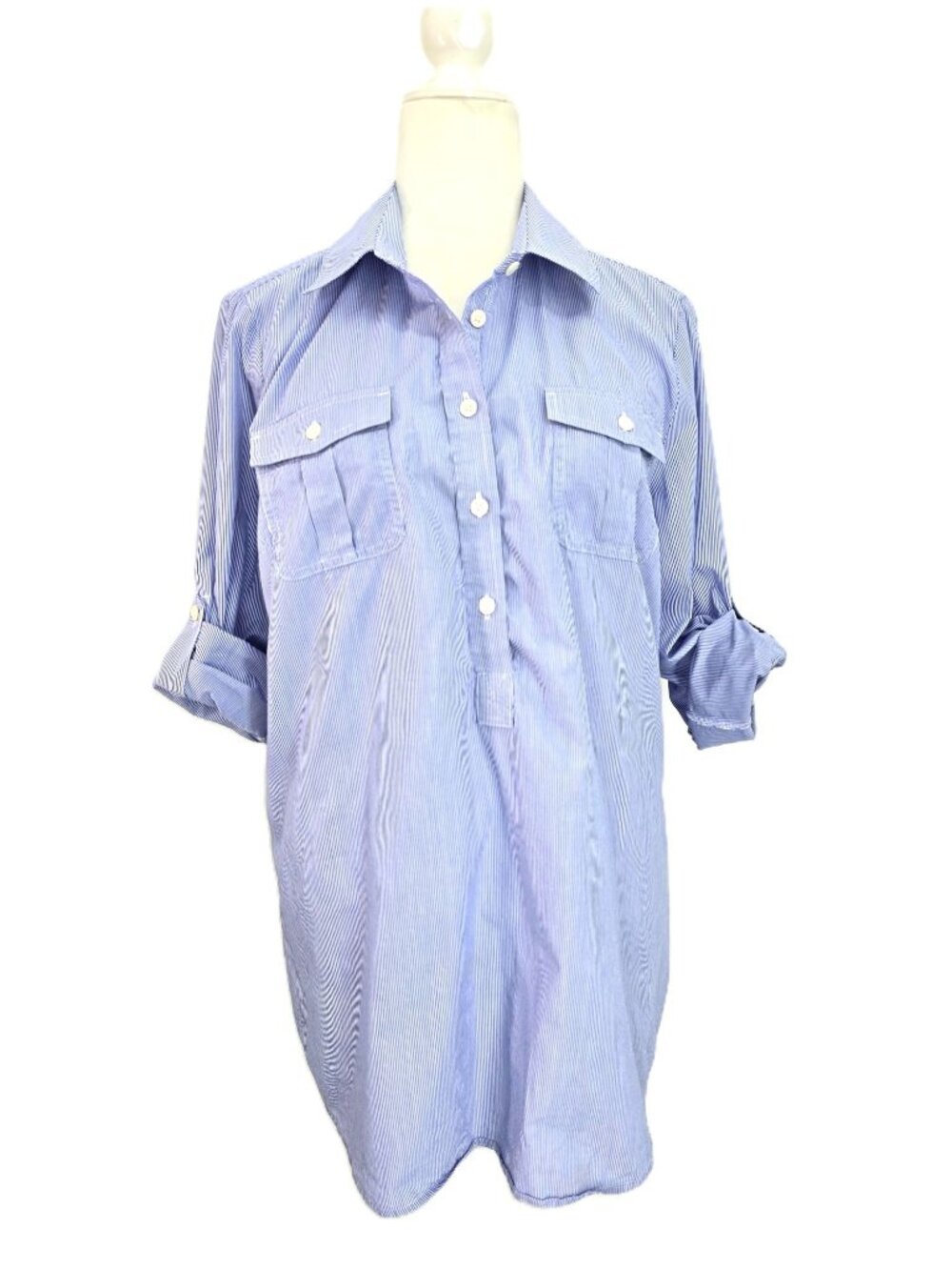Vineyard Vines Blue White Pinstriped Roll Tab Popover Shirt Youth Size 14